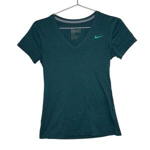 NIKE Dri Fit V Neck Tee Heather Marled Green Athleisure Workout